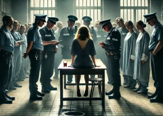 Scena przedstawiająca aresztowaną kobietę po aborcji na pierwszym planie, w towarzystwie policjanta. Kobieta wygląda na zaniepokojoną, z rękami skute za plecami. Inscenizacja. W tle zwolennicy i przeciwnicy aborcji