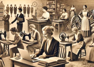 In the foreground, depict modern educated women in various