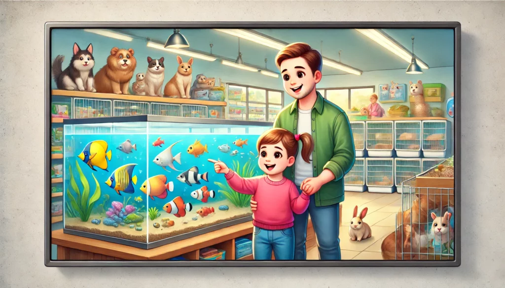 Tata z dzieckiem w sklepie zoologicznym