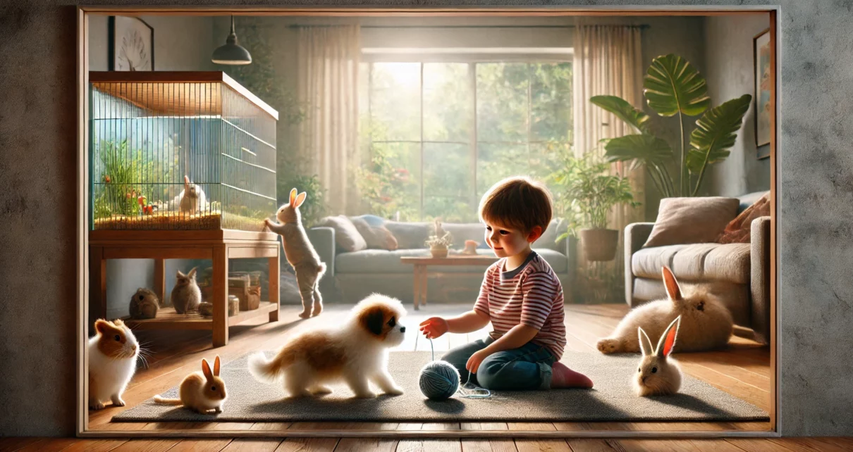 Małe dziecko bawi się ze zwierzętami