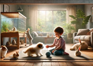 Małe dziecko bawi się ze zwierzętami