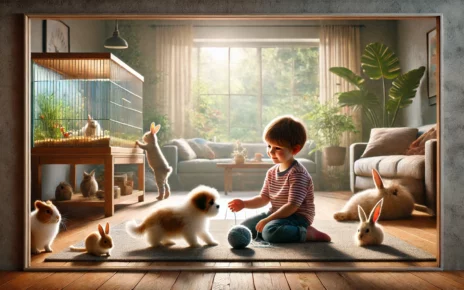 Małe dziecko bawi się ze zwierzętami