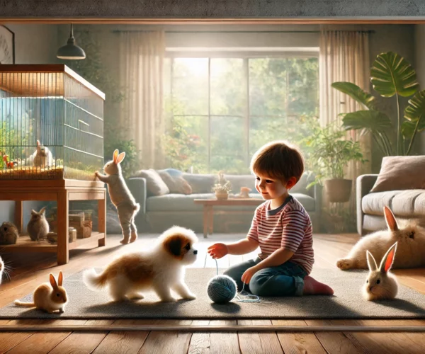 Małe dziecko bawi się ze zwierzętami